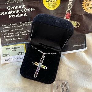 Silver toned Cross Pendant with Multicolor real Gemstones - see description